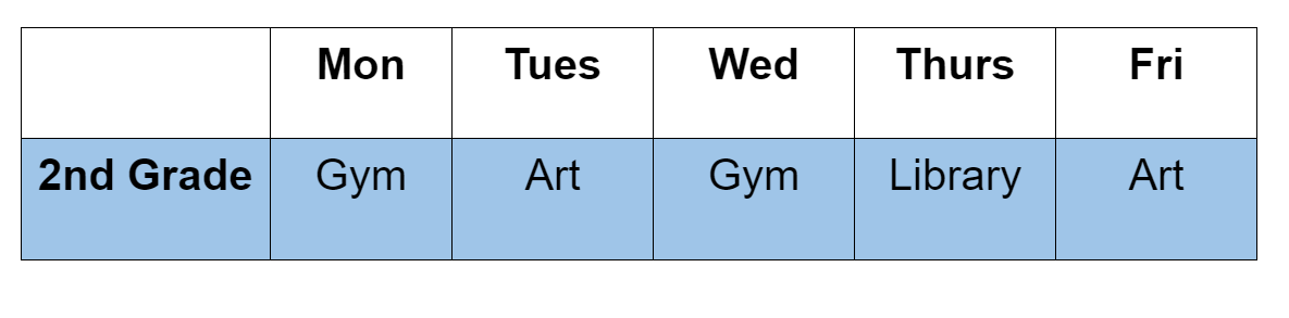 2nd grade specials schedule